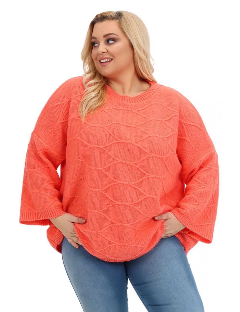 Modny Koralowy Sweter Xxl Plus Size Moss Oversize Dla Puszystej Rozmiar