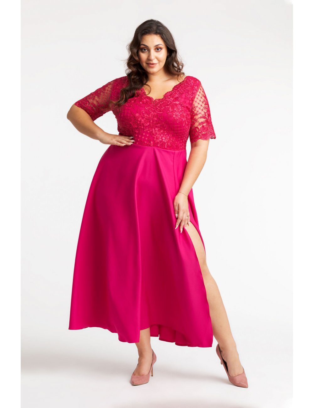 Elegancka sukienka maxi Loren Plus Size Suknia wieczorowa duża amarant