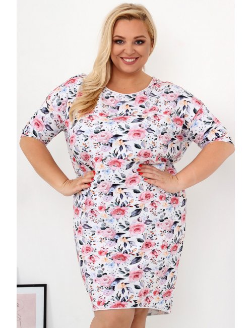 Oversize'owa asymetryczna sukienka plus size w kolorowe kwiaty
