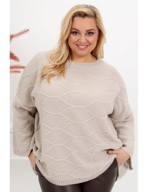 Modny sweter oversize plus size Moss beżowy dla puszystej