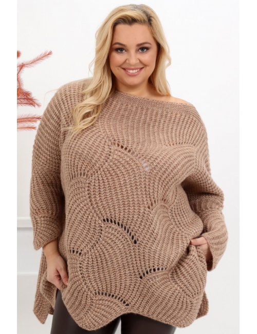 Oversizowy ażurowy sweter plus size Sadny kawowy dla puszystej