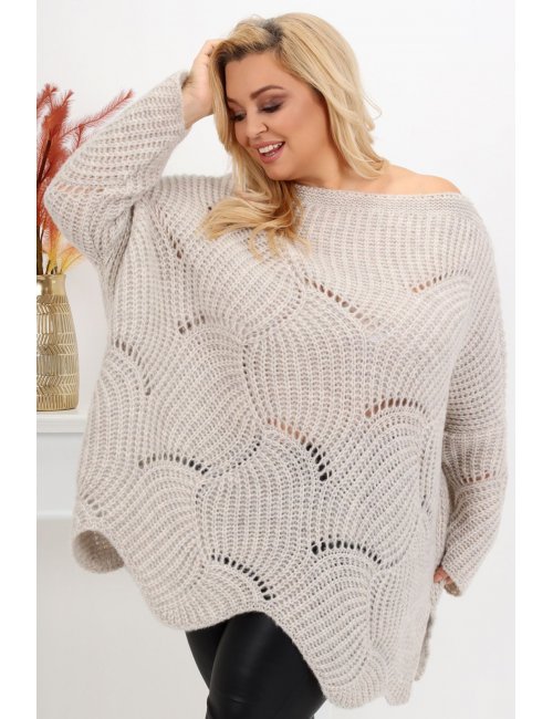 Ażurowy modny sweter plus size Sadny dla puszystej beżowy