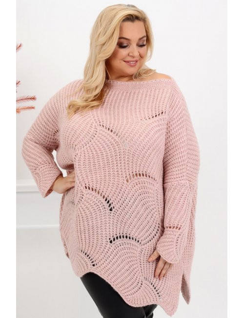 Ażurowy dziewczęcy sweter plus size Sadny dla puszystej pudrowy róż