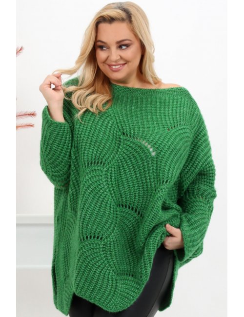 Oversizowy ażurowy sweter plus size Sadny zielony dla puszystej