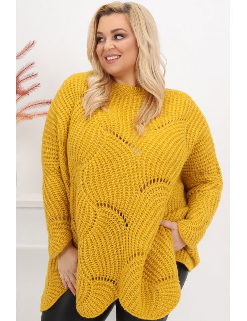 Wygodny ażurowy sweter plus size Sadny oversize musztardowy