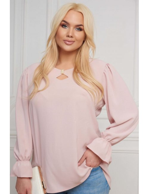 Modna elegancka bluzka plus size Rosiv pudrowy róż z kokardą dla puszystej