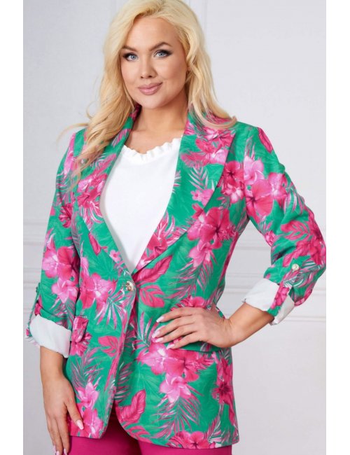 Zielony żakiet plus size damska marynarka Carlis XXL w liście