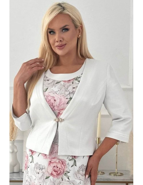 Elegancki biały żakiet XXL z ozdobą Carla dla puszystej