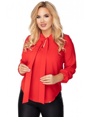 Elegancka czerwona bluzka XXL o koszulowym kroju z modnym wiązaniem