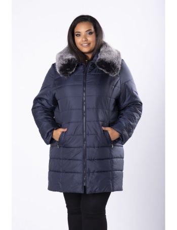 pikowana damska długa kurtka zimowa w dużym rozmiarze XXL z kapturem obszytym futerkiem